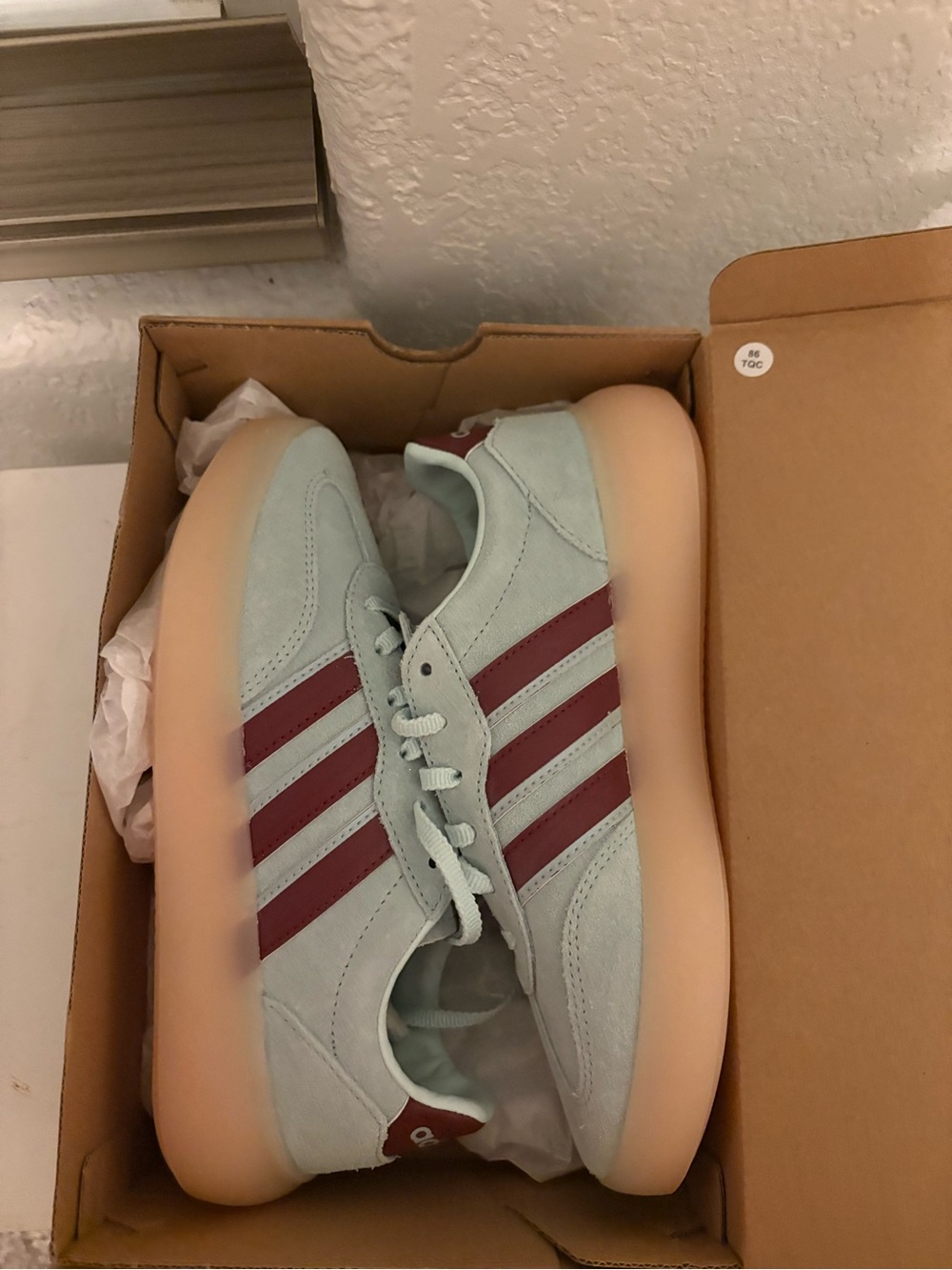 adidas Women Suede Sneakers in Light Mint with Maroon Stripes